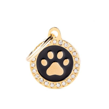 My Family Glam Gold Paw Black Circle Strass ID Tag