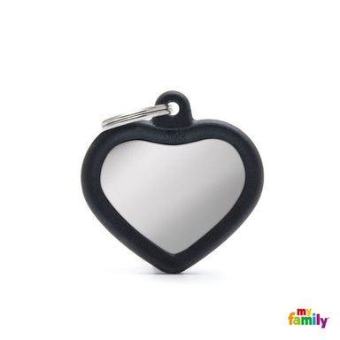 My Family Hushtag Chromed Heart With Black Rubber ID Tag